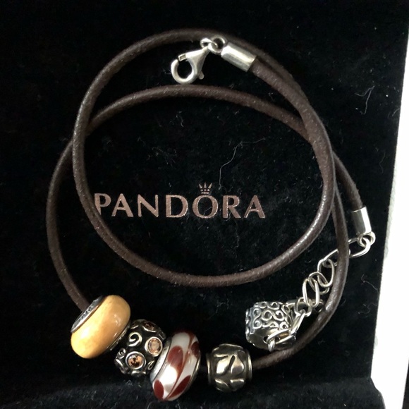 Perfect to Gift Box Included Pandora Leather Cord Nevklace with 4 charms - Picture 8 of 11